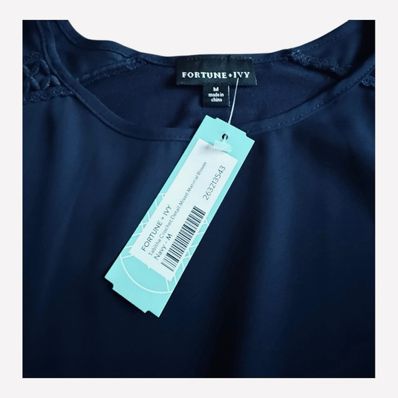 NWT Women's FORTUNE + IVY Navy Blouse with Crochet Detail and Tie Front, Size M - Picture 5 of 11